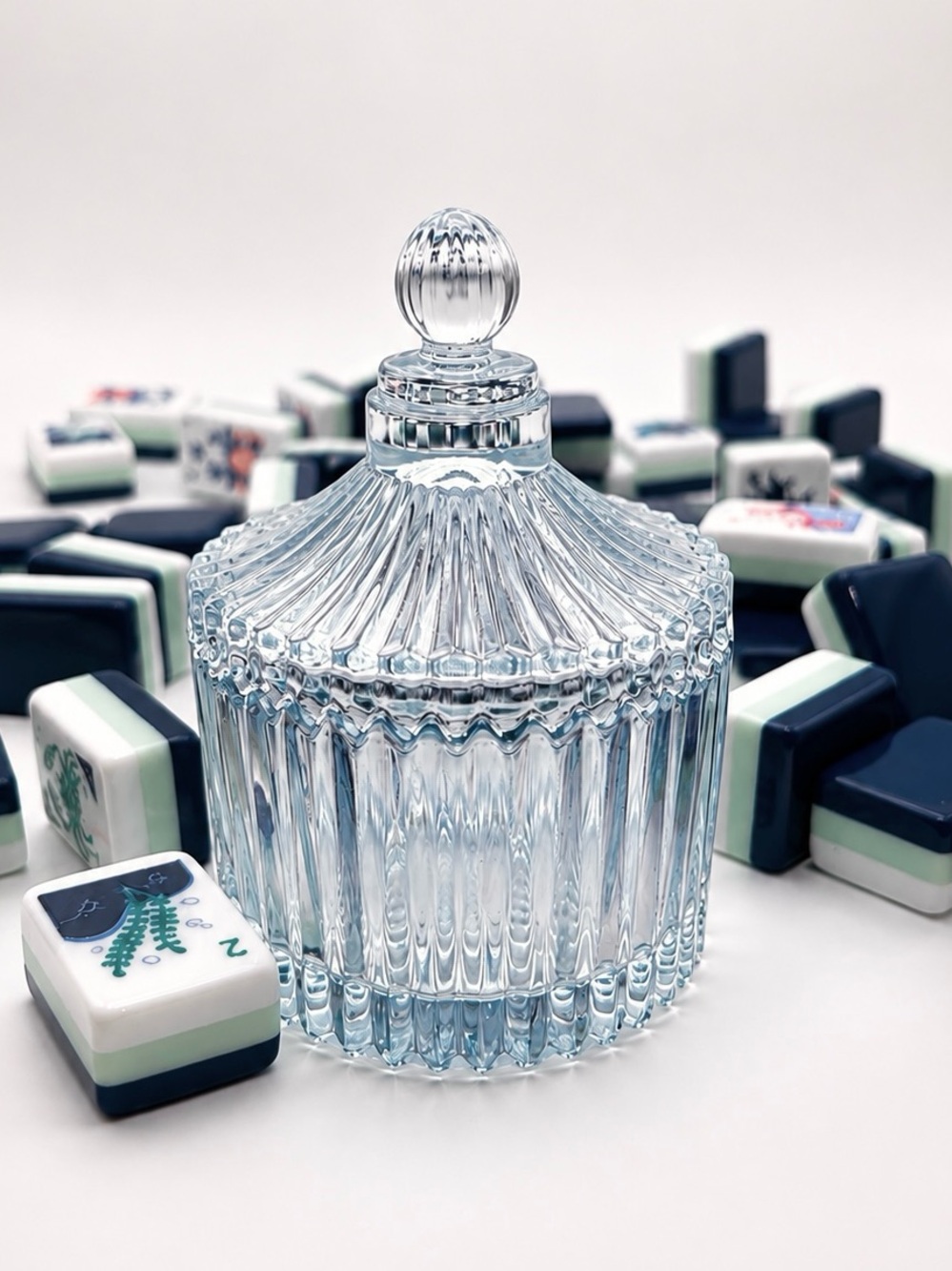 Mahjong Tiles Blue Crystal Vintage glass style Dice Dish with Lid Pagoda